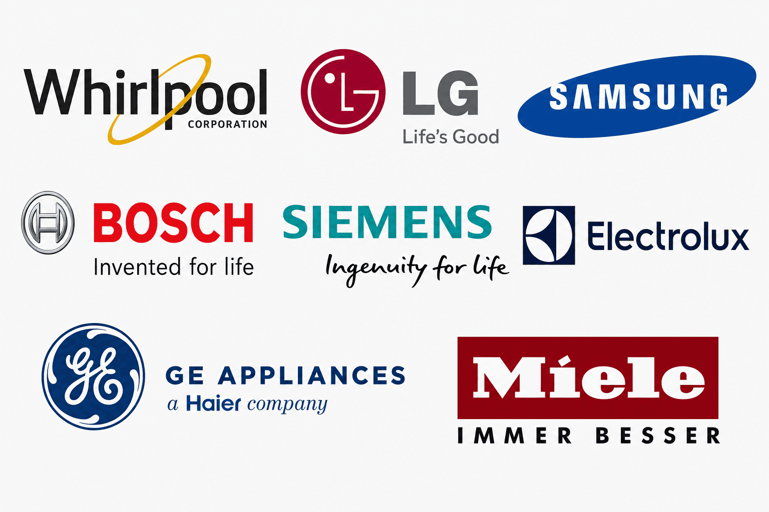 Collage of major appliance brand logos including Whirlpool, LG, Samsung, and others