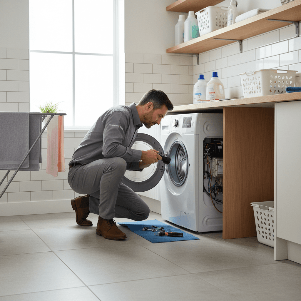 Professional repair technician checking a washing machine drum
