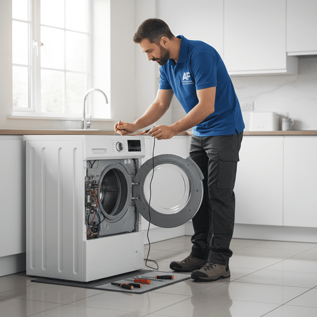 Engineer from AF Appliances inspecting a washing machine in a modern kitchen setting.