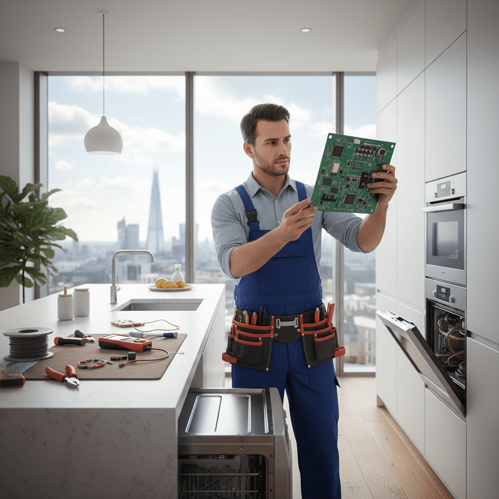 Appliance repair engineer at work in a modern London kitchen