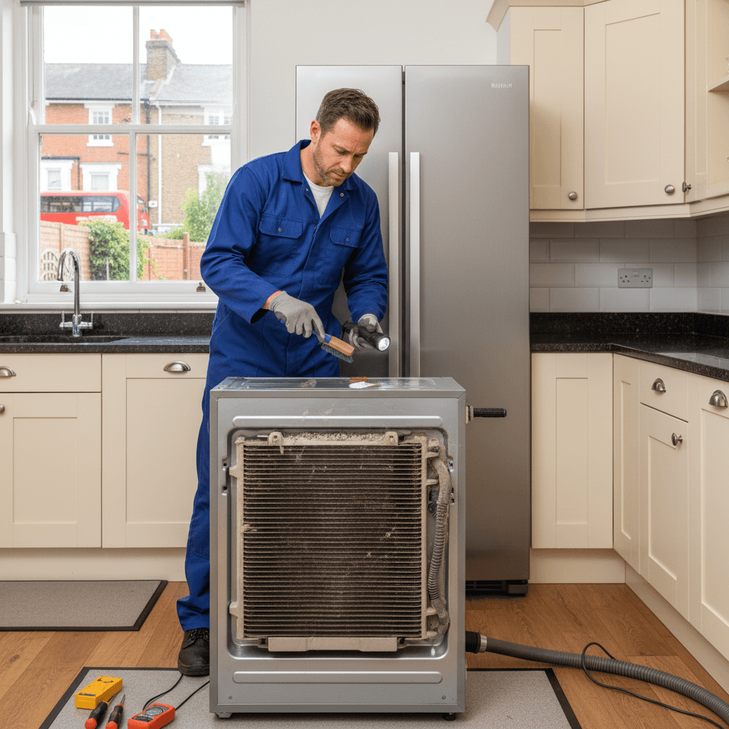 Technician inspecting a fridge-freezer condenser coil