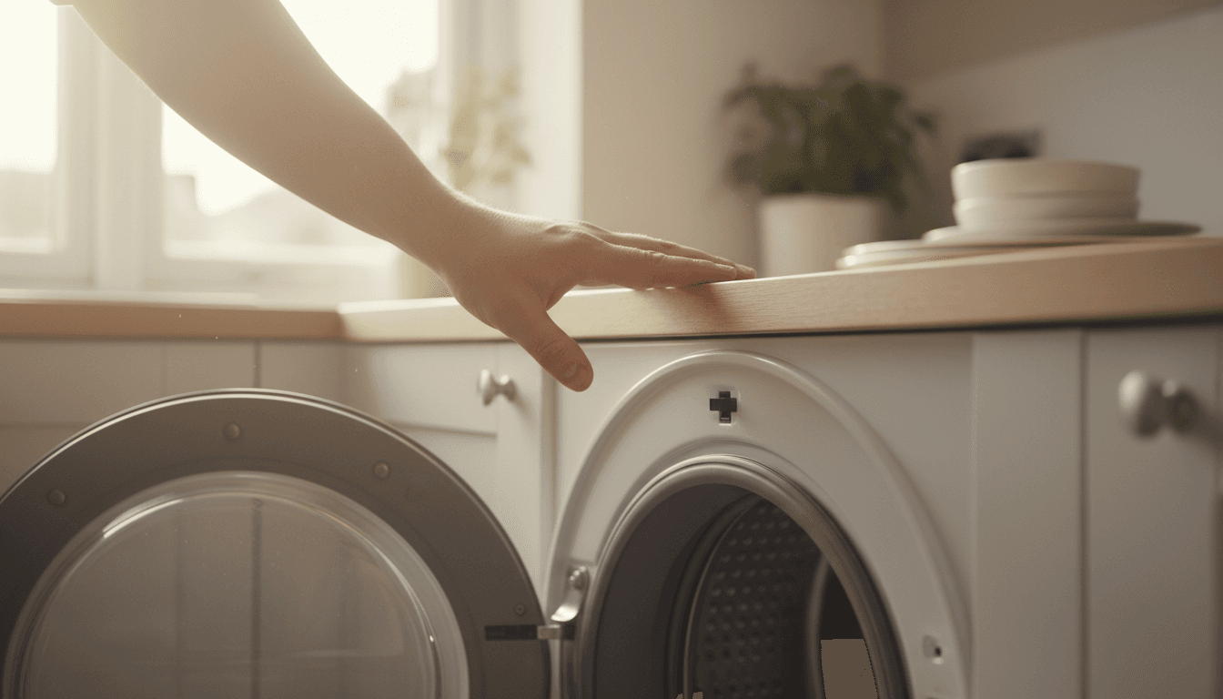 Engineer's hand on a washing machine drum in a kitchen