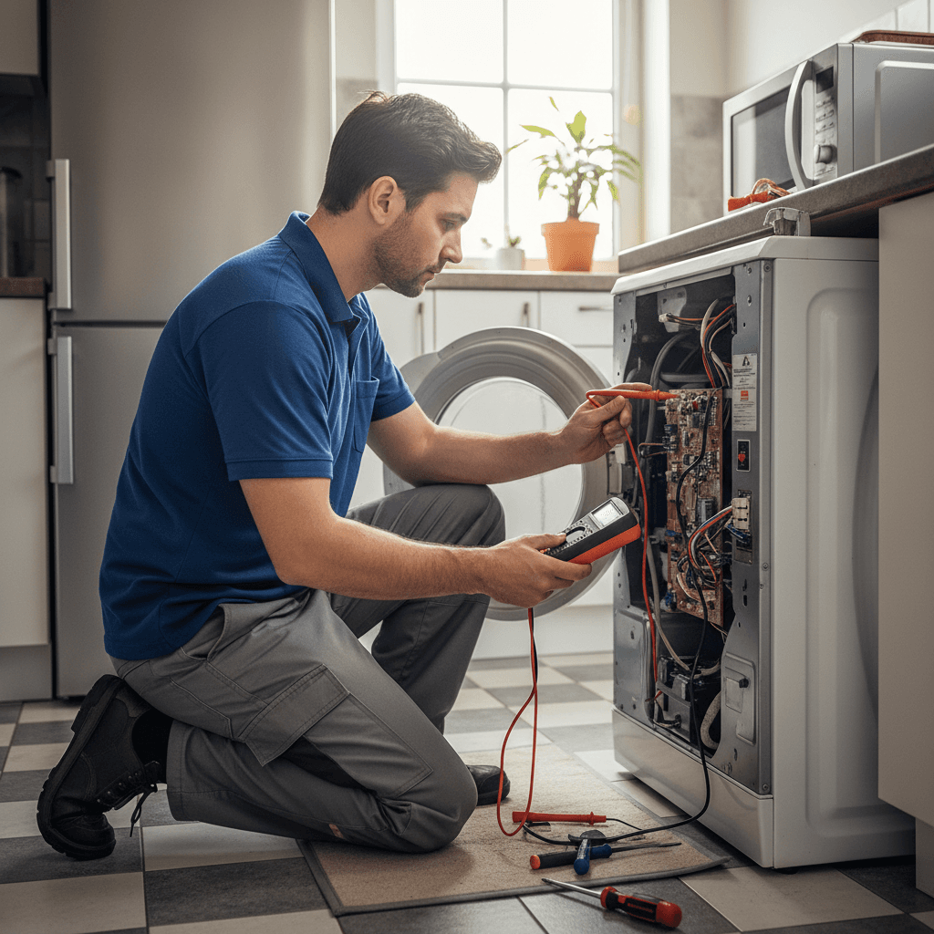 Repair person testing washing machine electrical connections with a multimeter