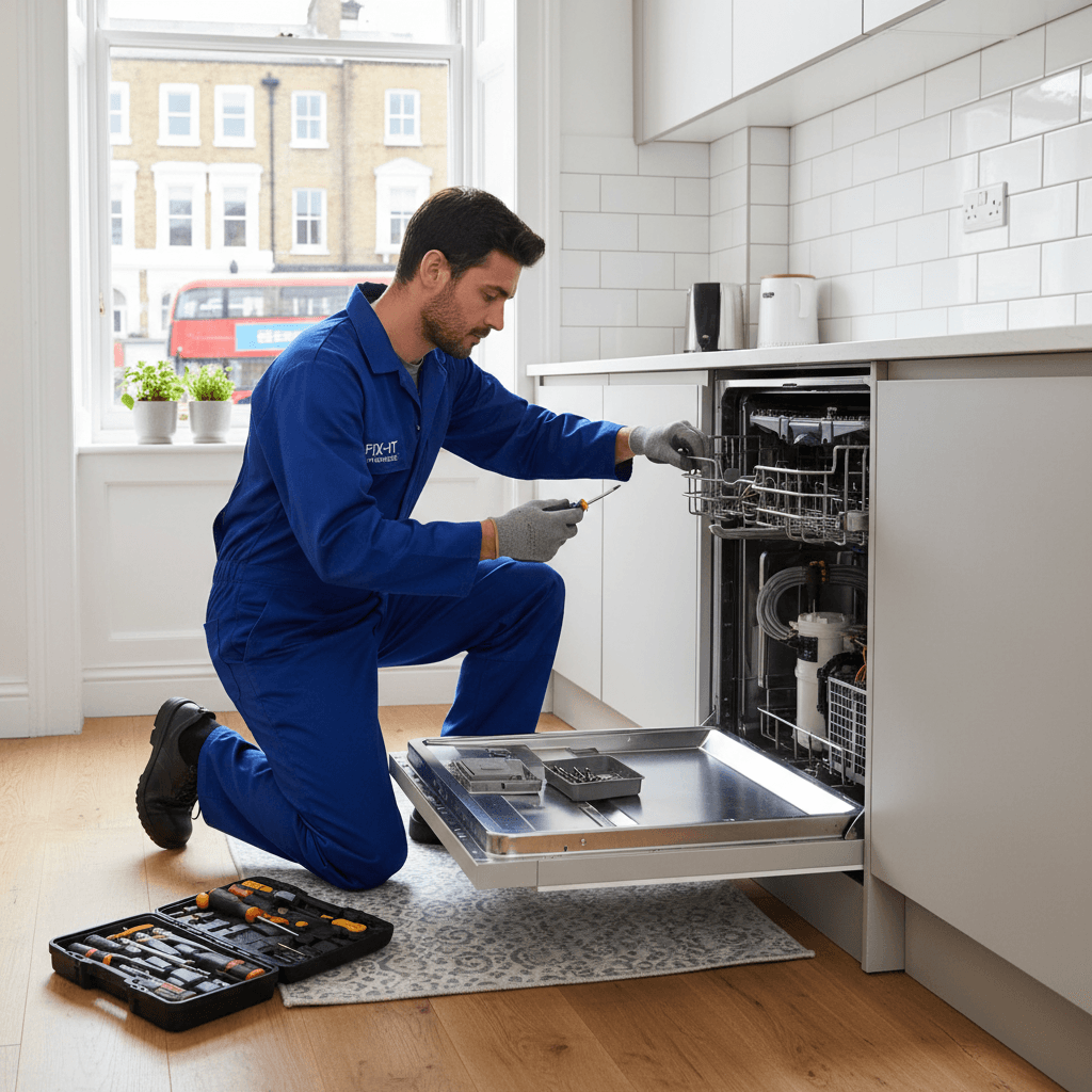 Engineer removing the back panel of a dishwasher in a London home