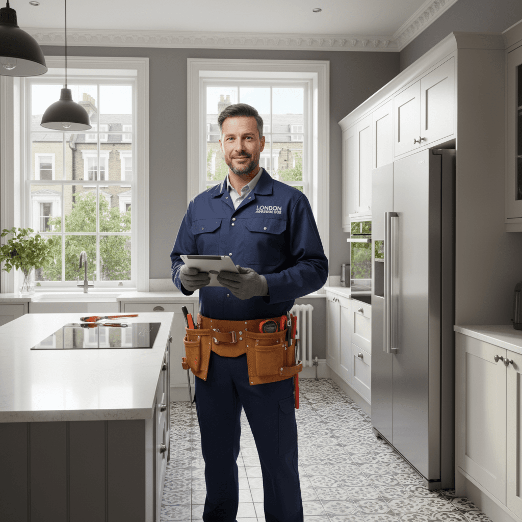 Professional appliance repair engineer in a London kitchen