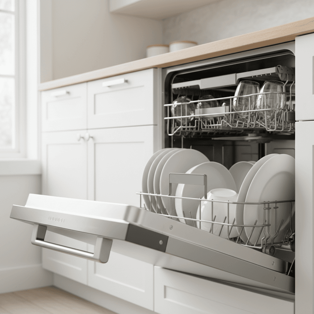 Open stainless steel dishwasher with clean dishes arranged on racks in bright modern kitchen