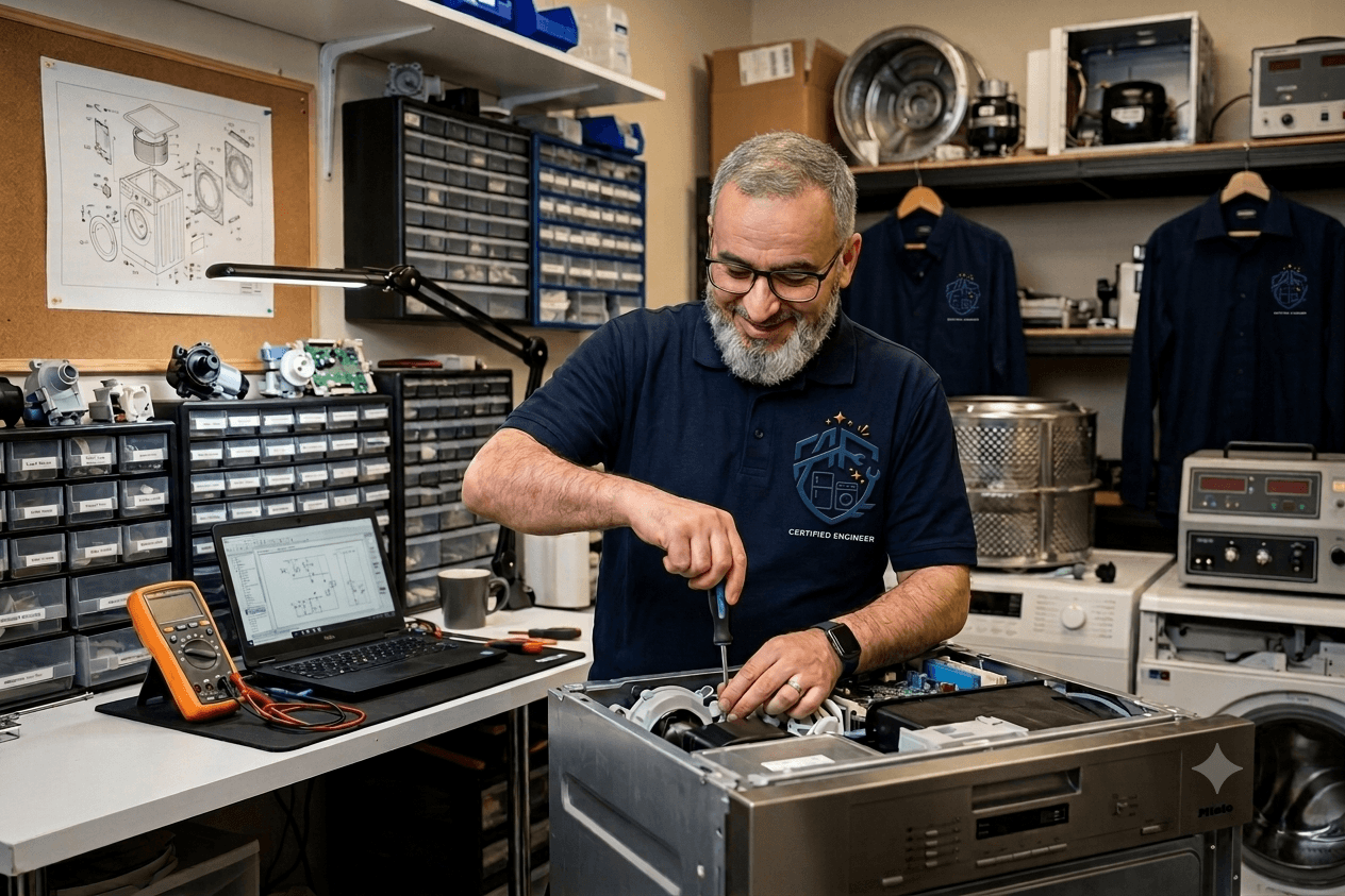 Smiling technician repairs a dishwasher with a screwdriver in a workshop with tools.